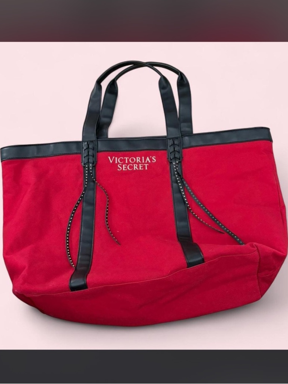 Red Victoria's Secret Big Tote Bag with Black and Gold Leather Accents